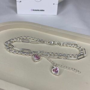 Pulsera doble con corazones rosas 17cm