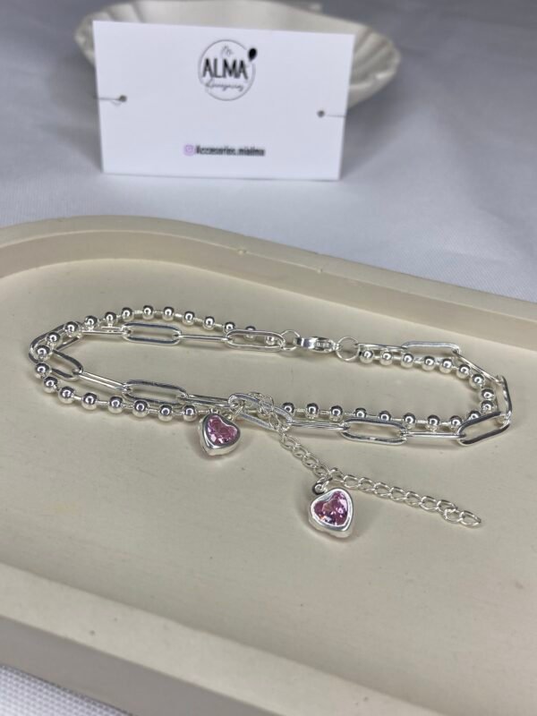 Pulsera doble con corazones rosas 17cm